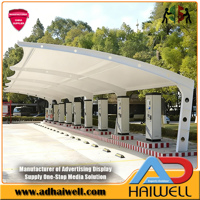 L-Shape PVDF Tensile Membrane Carport | Modern Flat-Tilt EV Charging Canopy