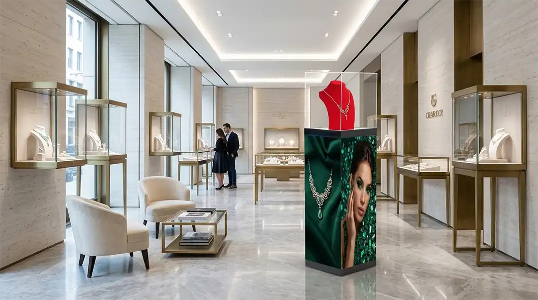 Adhaiwell Fixed 4-Sided Seamless LED Pedestal Showcase in Luxury Jewelry Boutique