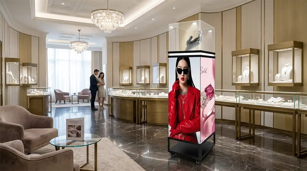 Adhaiwell Wheeled 4-Sided Seamless LED Pedestal Display Case in Luxury Jewelry Boutique