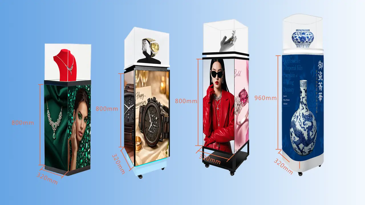 Adhaiwell 4 Styles 3D LED Pedestal Display Cases - CrystalView Showcase Series