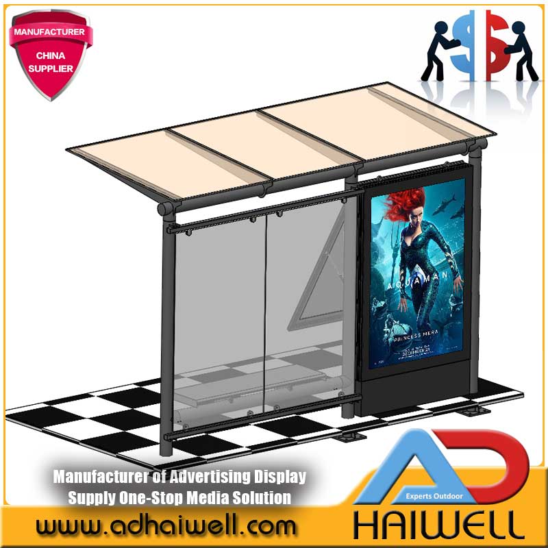 City Street Bus Stop Shelter with Mupi Side Advertising Light Box